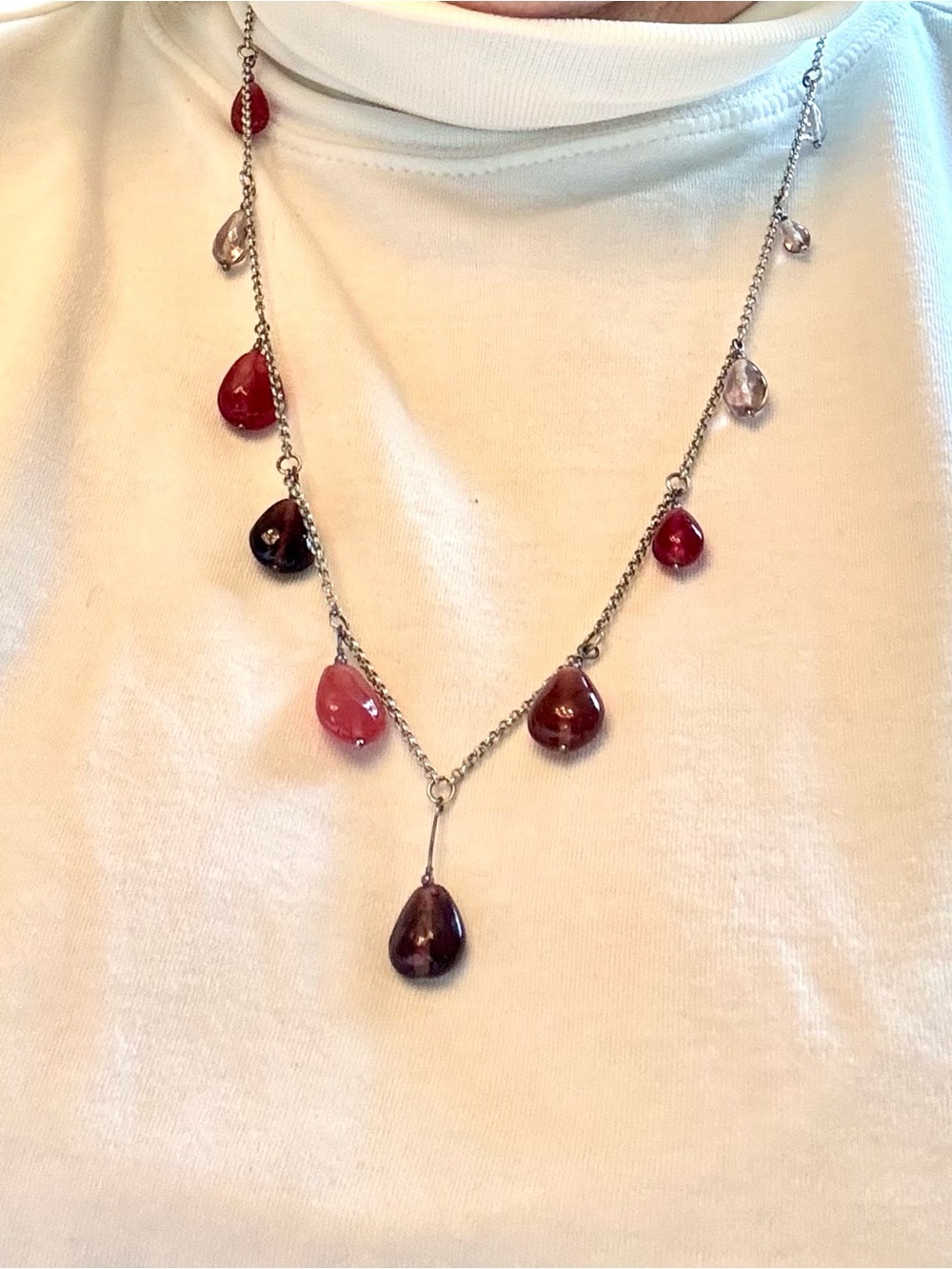 Station Necklace with Red and Rose Teardrop Stones